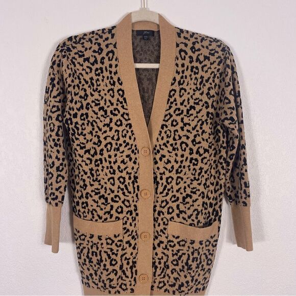 J. Crew Tan & Black Leopard Print V Neck Button Front Cardigan Sweater - Picture 3 of 6